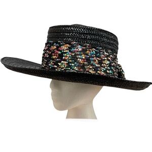 Miriam Lefcourt Black Woven Hat Metallic Multicolor Band Bow Handcrafted Italy